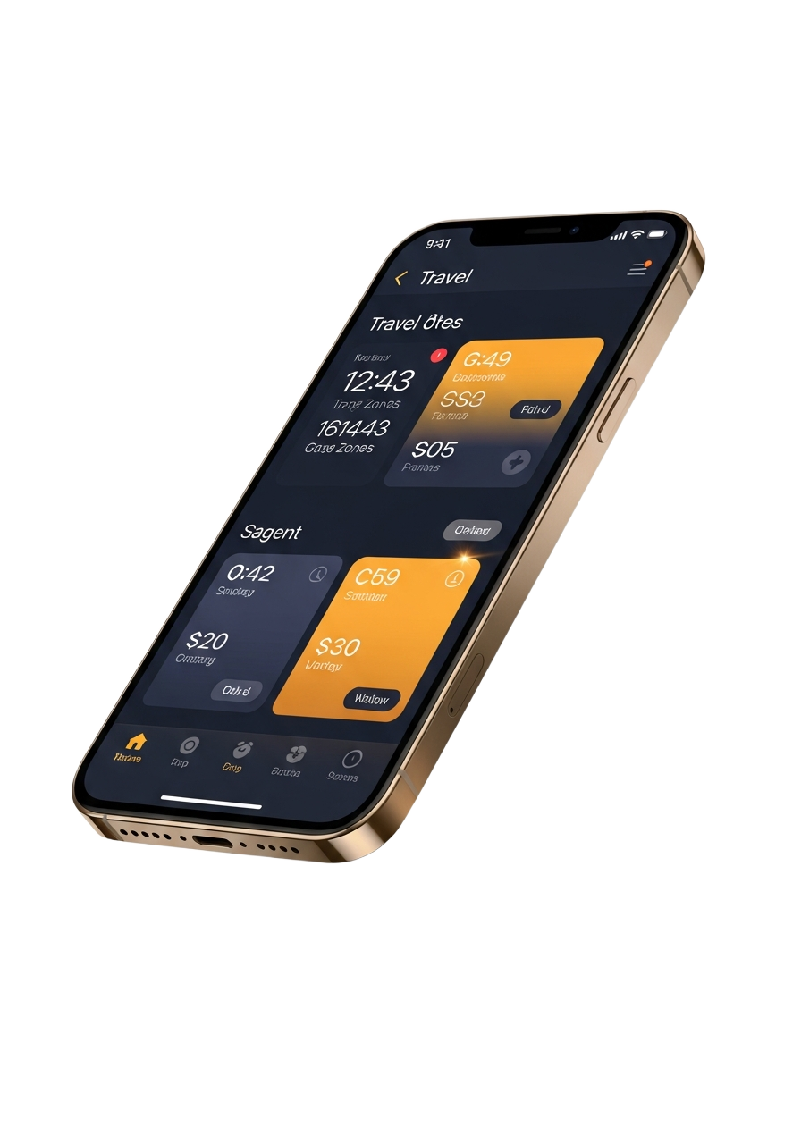 Hikina app screenshot showing the dashboard with world clocks, currency converter, and weather